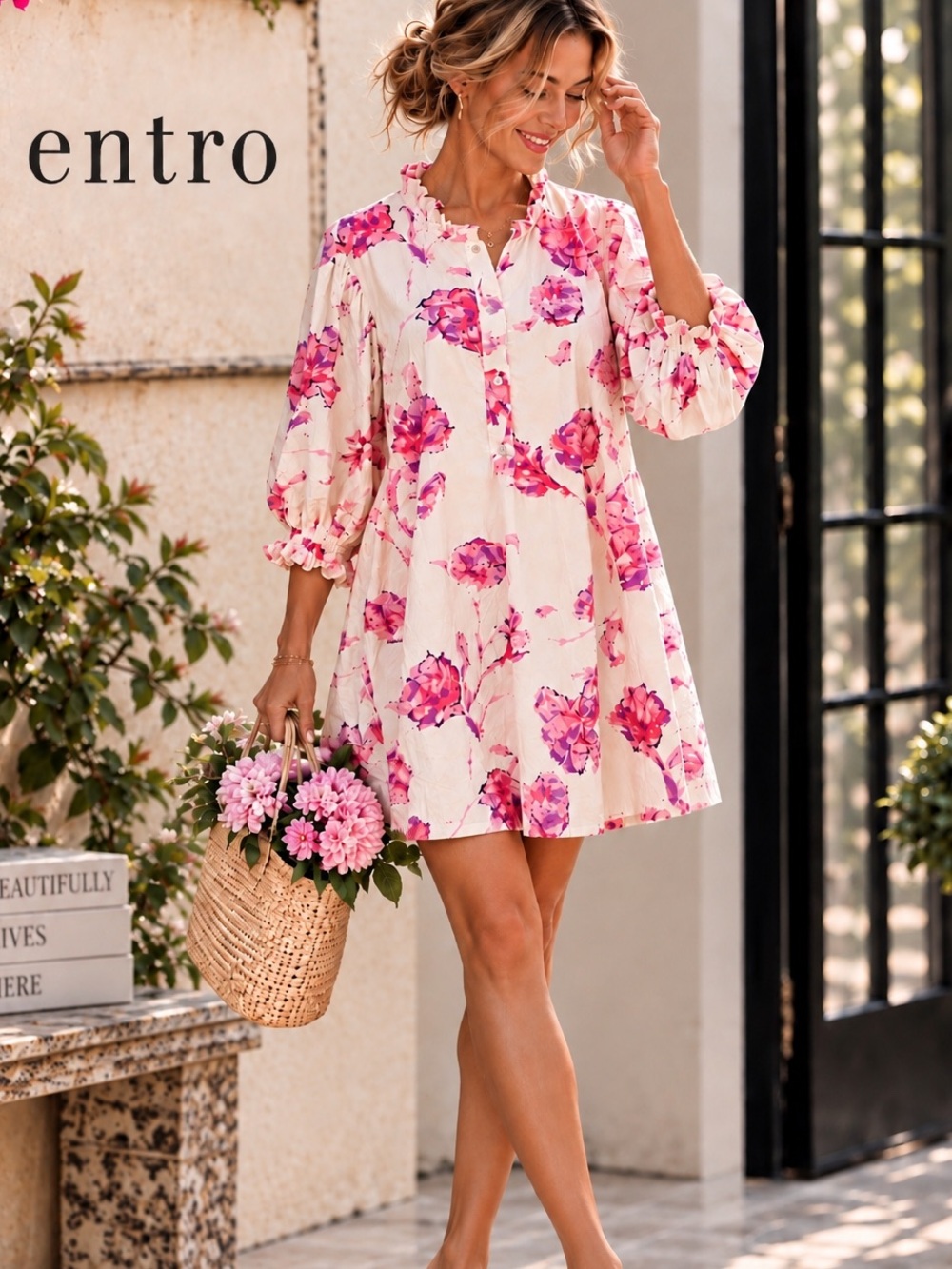 Entro Romantic Watercolor Floral Ruffle Puff Sleeve Cotton Mini Dress Size Small